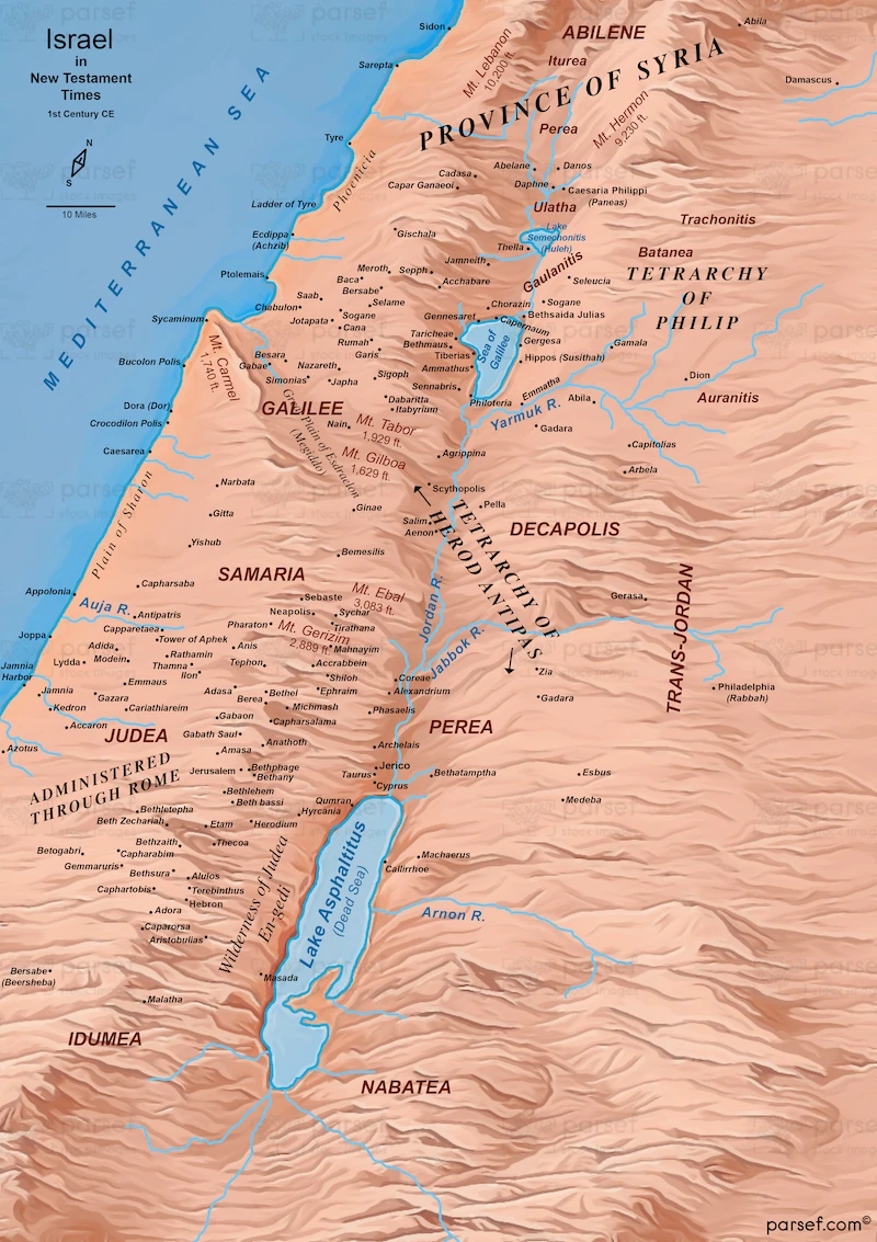 Israel in New Testament Times – 1st Century CE – Topo Color Map – 300Dpi bible map