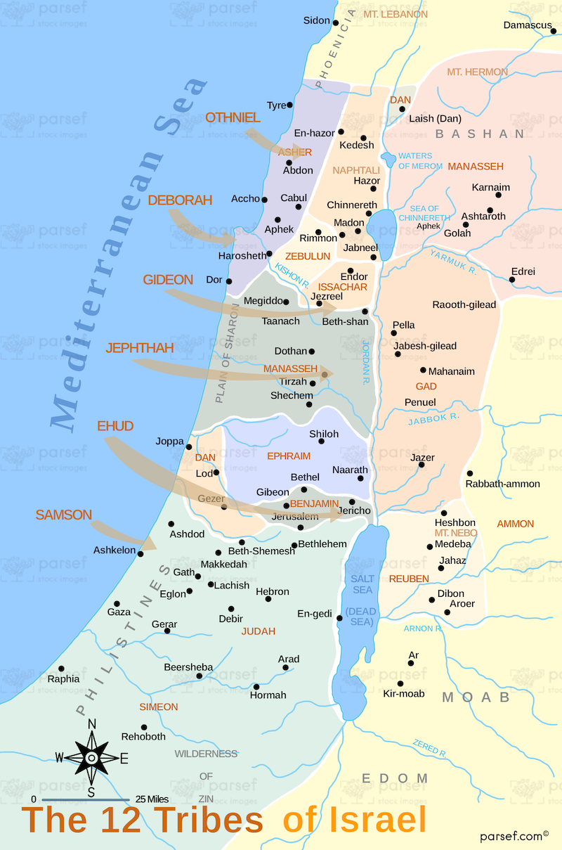 Twelve Tribes of Israel Topographical Map bible map